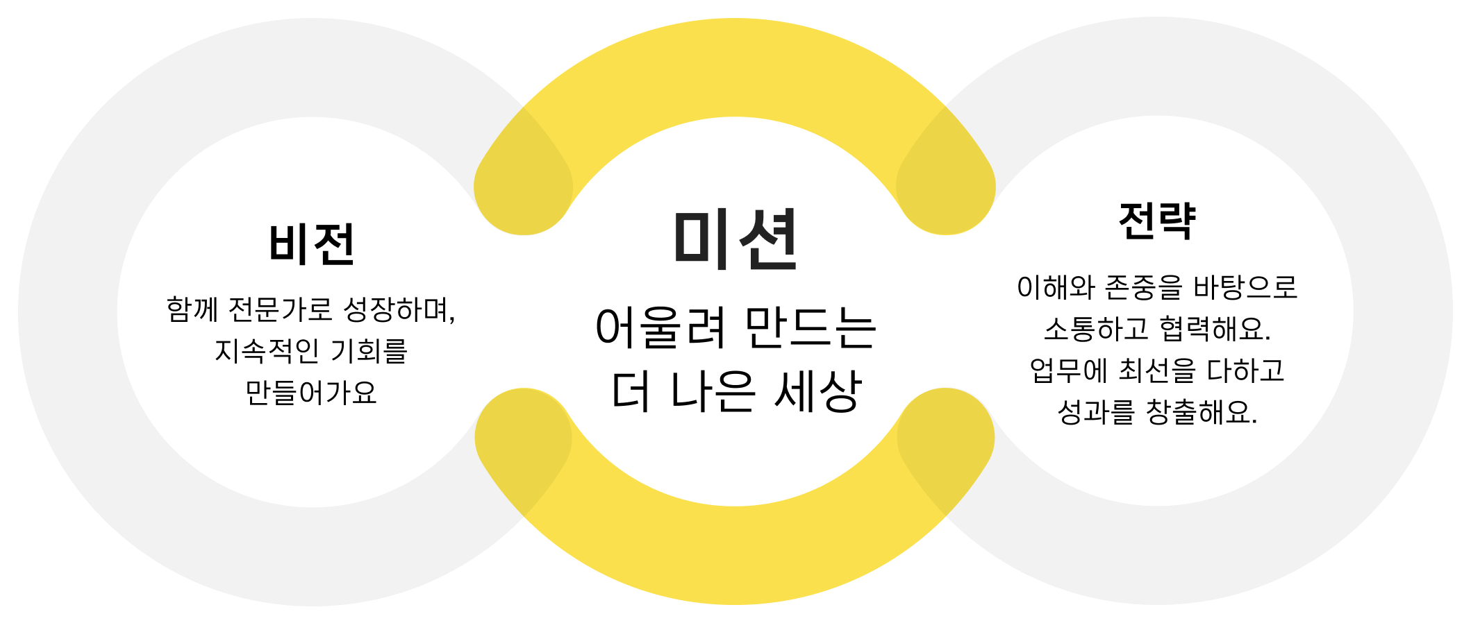 비전 : 함께 전문가로 성장하며, 지속적인 기회를 만들어가요, 미션 : 어울려 만드는 더 나은 세상, 전략 : 이해와 존중을 바탕으로 소통하고 협력해요. 업무에 최선을 다하고 성과를 창출해요.